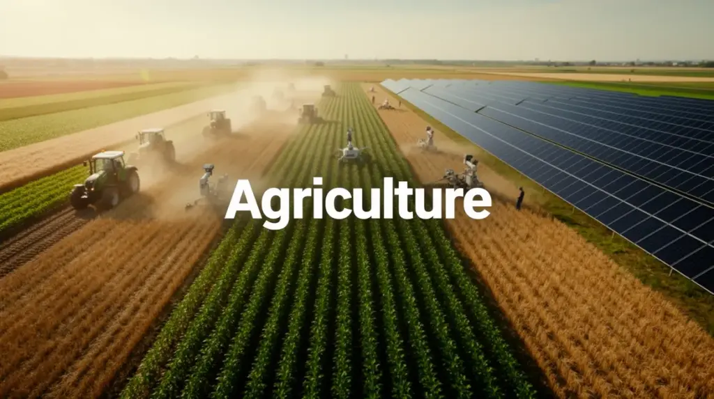 Parcelle agricole moderne avec robots et panneaux solaires