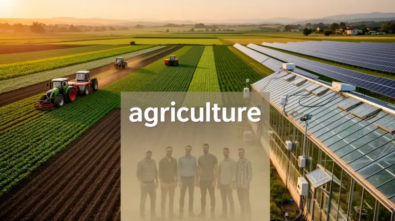 Paysage agricole moderne avec innovations et agriculteurs