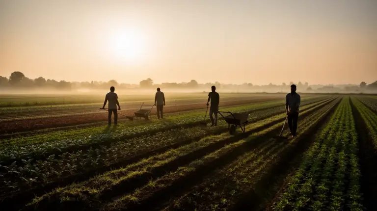 panorama champ lever du soleil et fermiers agriculture questions