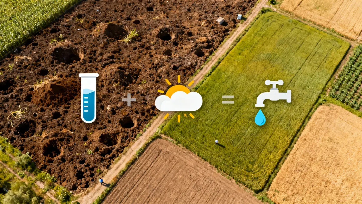 Parcelles agricoles vues du dessus avec icônes analyse sol eau climat