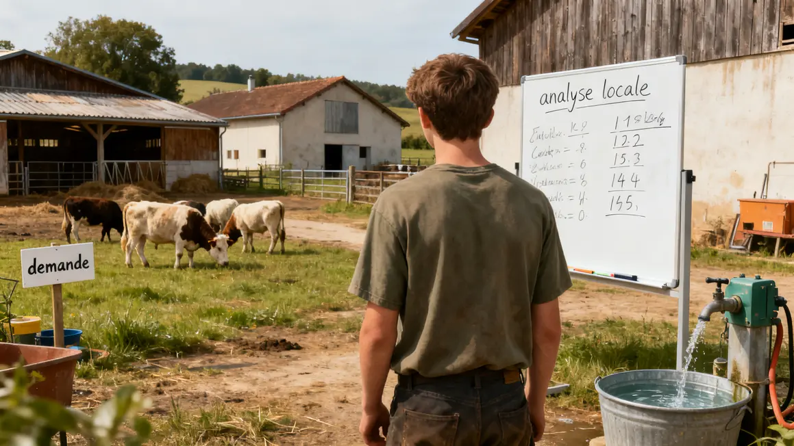 Jeune agriculteur analysant grange equipement elevage