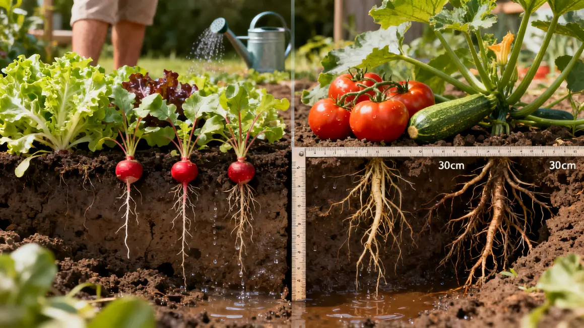 Schema besoins en eau salades radis vs tomates courges