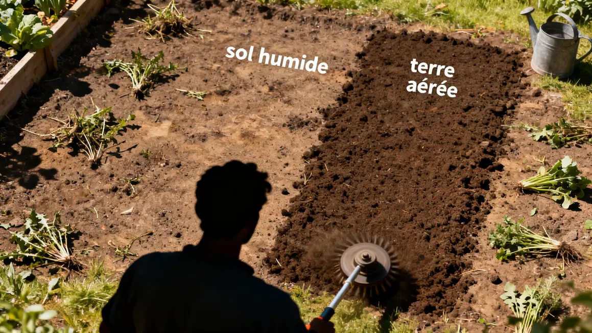 Jardinier sol humide desherbage avant paillage du potager
