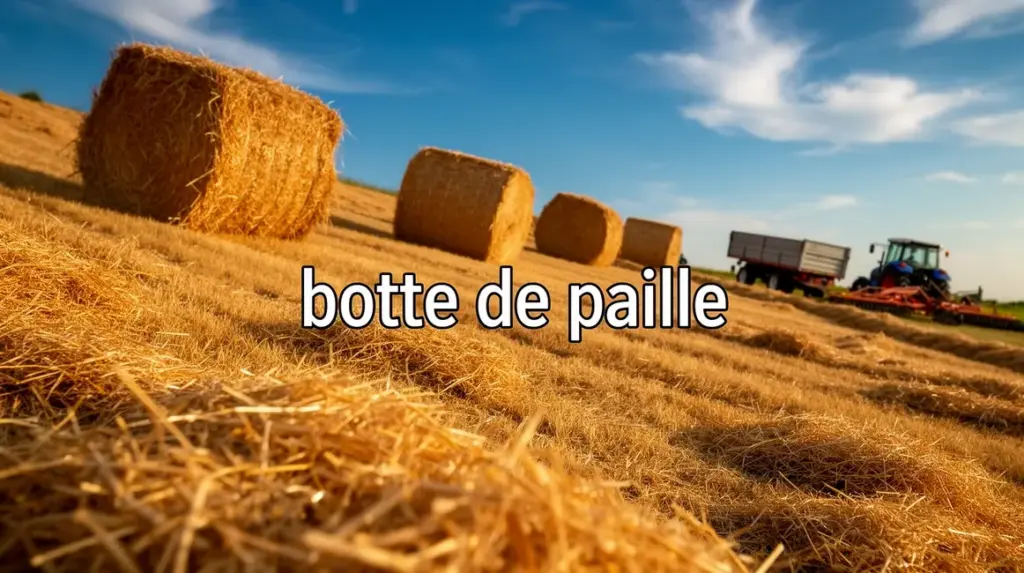 botte de paille en champ avec outils agricoles
