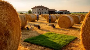 Bottes de paille alignées sur champ rural