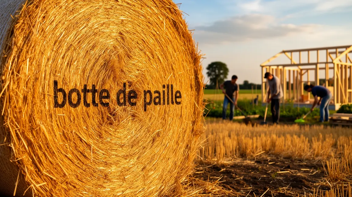 Gros plan botte de paille avec silhouettes jardinage et construction