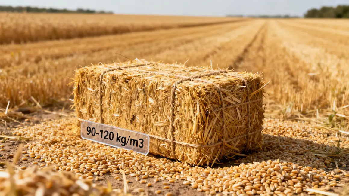 Photo d'une botte de paille rectangulaire avec ficelles, champ de céréales