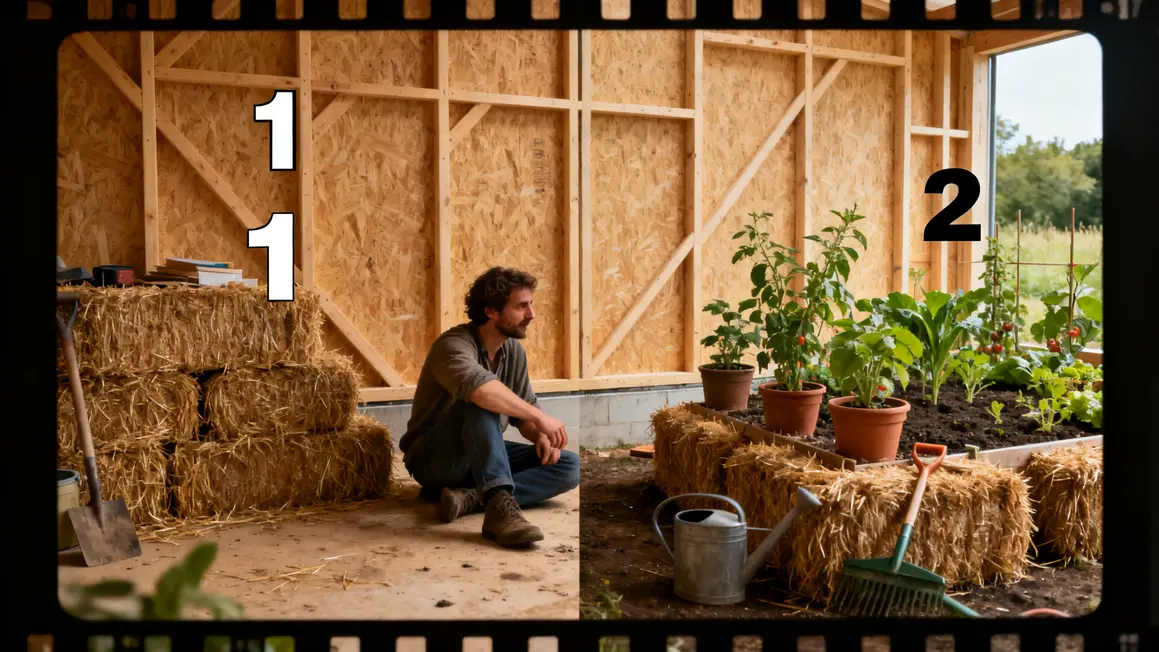 Mur isolé en bottes de paille et potager sur bottes