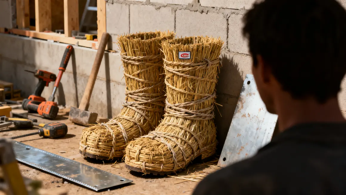 petites bottes de paille empilees devant mur en chantier