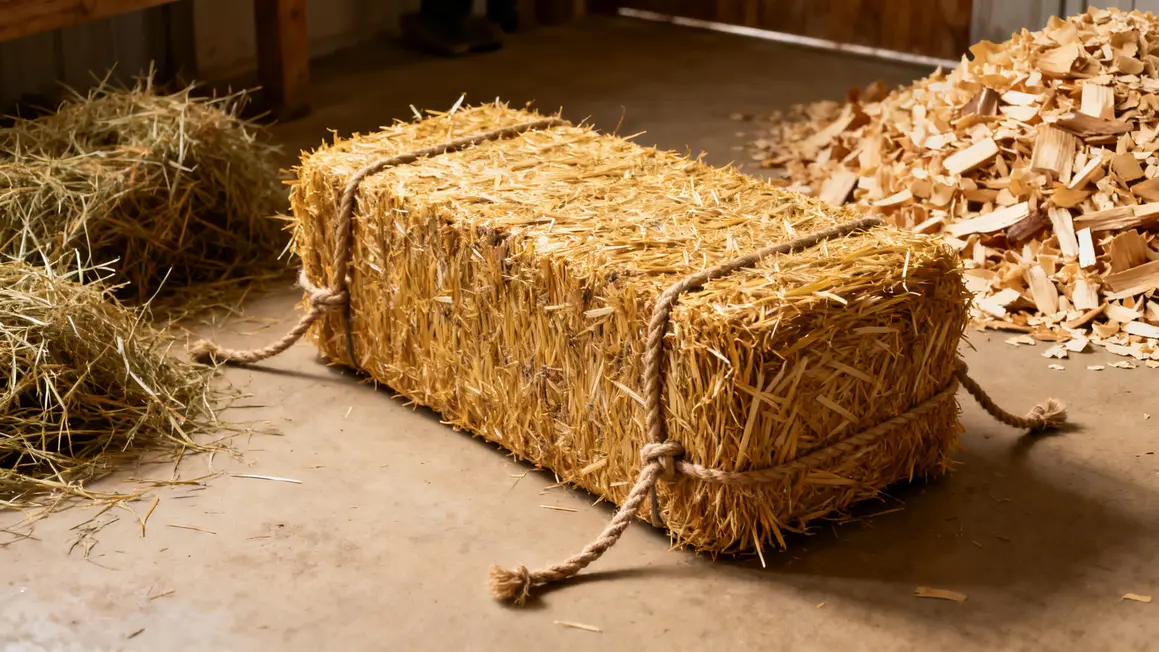 Botte de paille, foin et copeaux côte à côte
