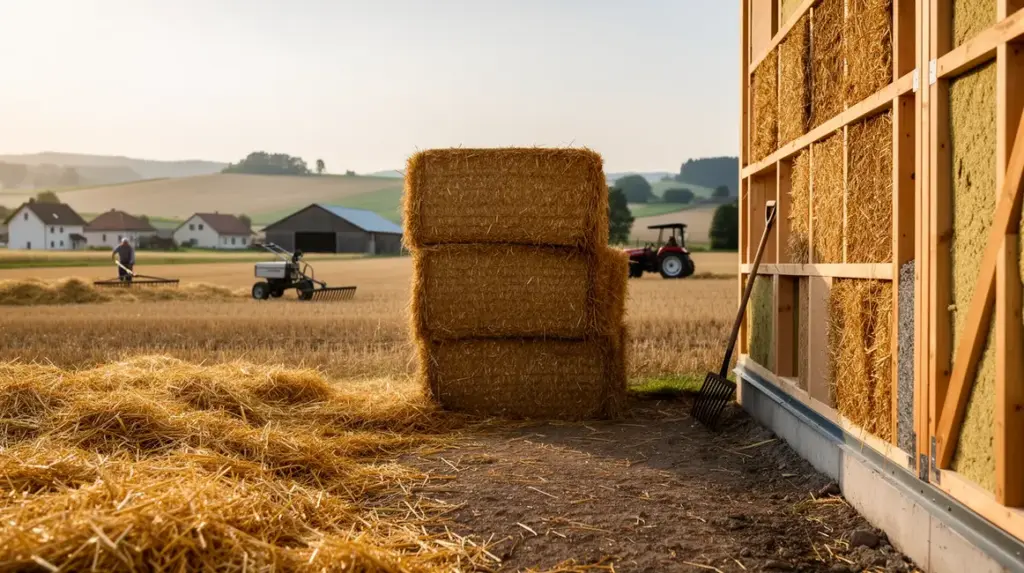 Botte de paille vue réaliste étapes agriculture et écoconstruction