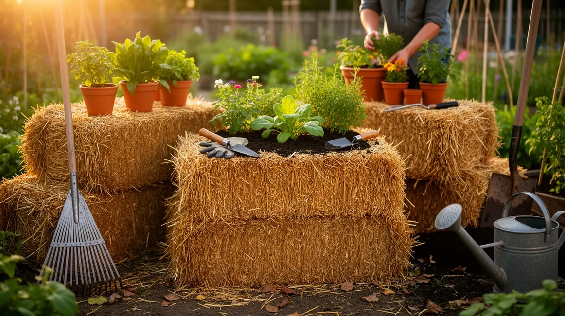 botte de paille au centre du jardin avec outils et plantations