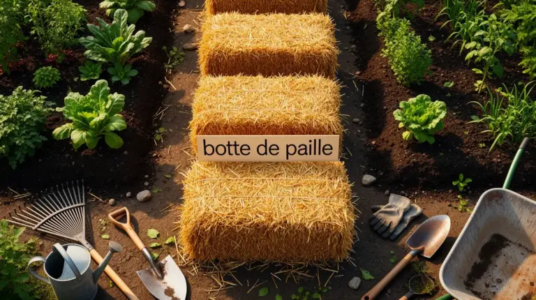 Botte de paille dorée utilisée dans un potager, entourée d'outils, photo réaliste