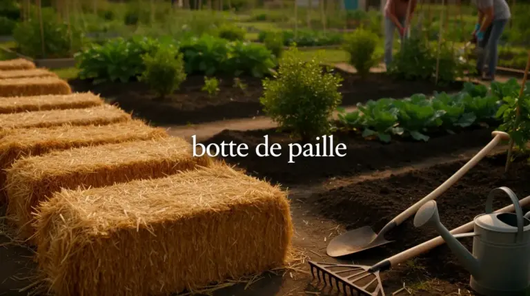 Vue potager avec bottes de paille et outils