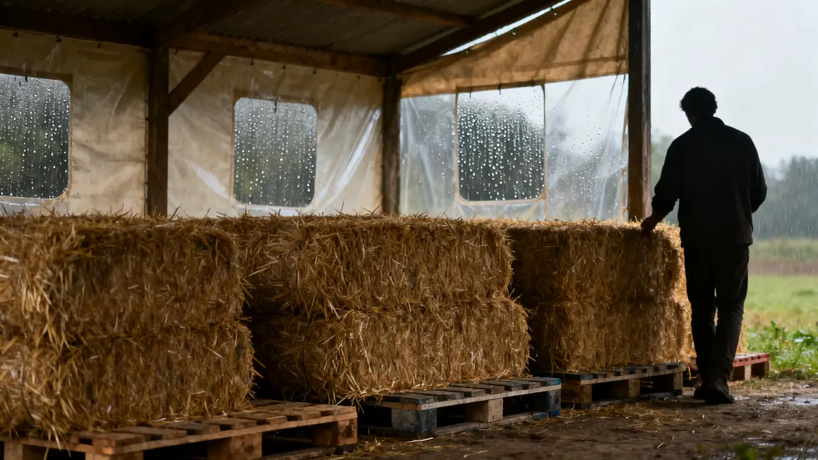 Bottes de paille sur palettes sous bâche ventilée
