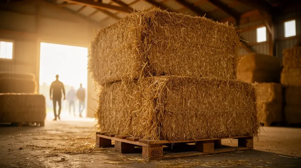 Stockage de bottes de paille sur palettes en grange