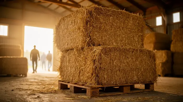 Stockage de bottes de paille sur palettes en grange