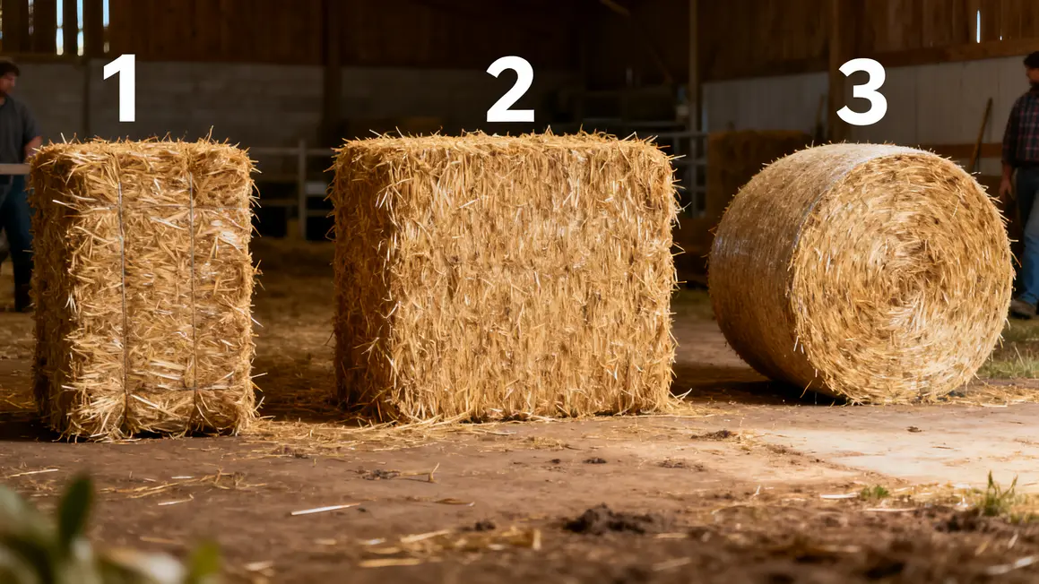 trois bottes de paille differentes cote a cote