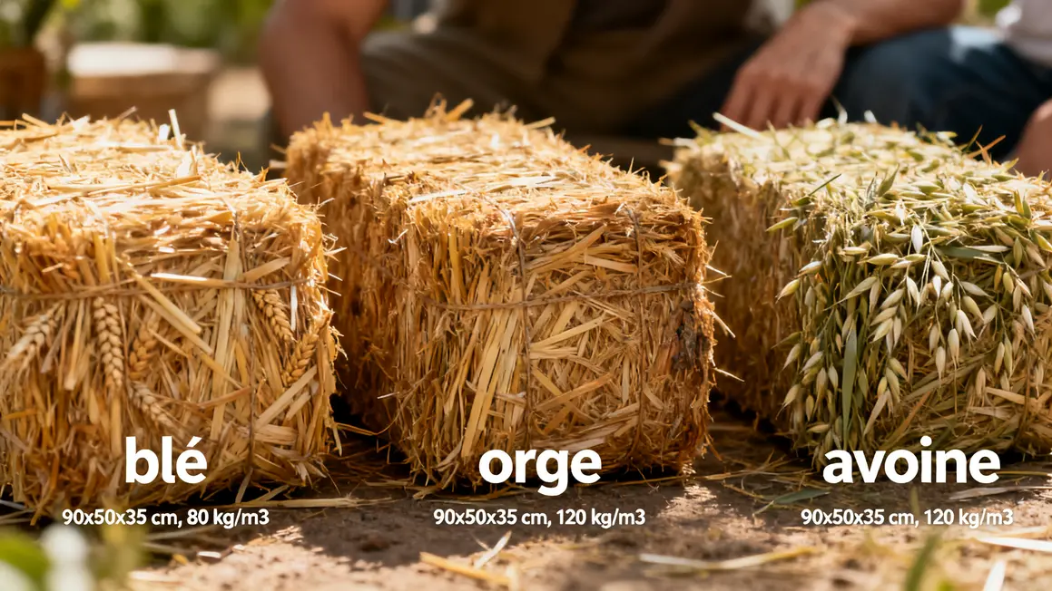 Trois types de bottes de paille blé orge avoine