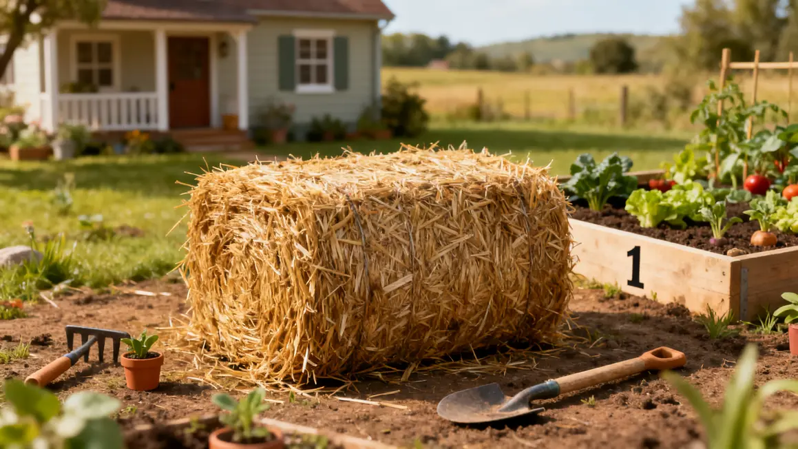 botte de paille et outils jardinage