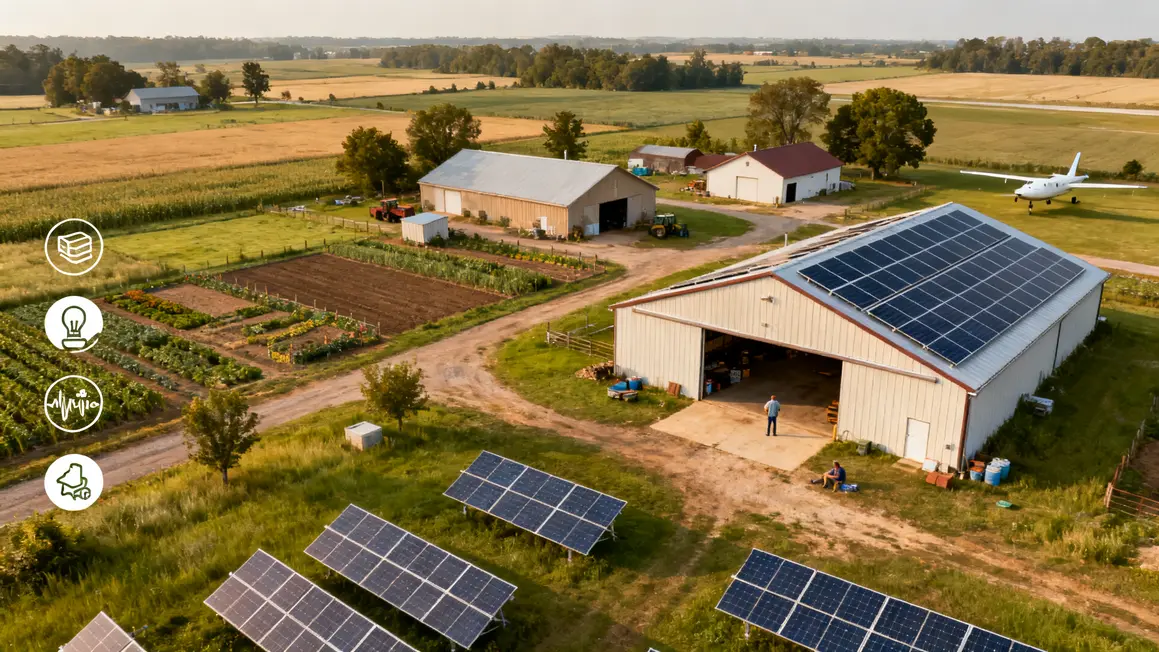 Vue d'exploitation agricole avec panneaux solaires et zones autoconsommation, revente