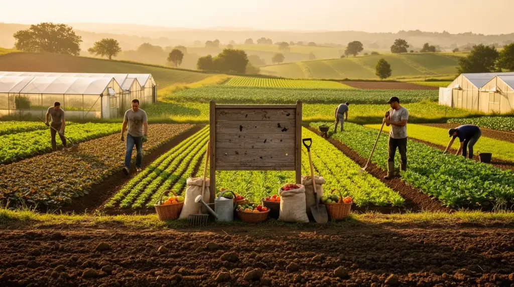Paysage agricole diversifié, panneau comment choisir agriculture sans se tromper