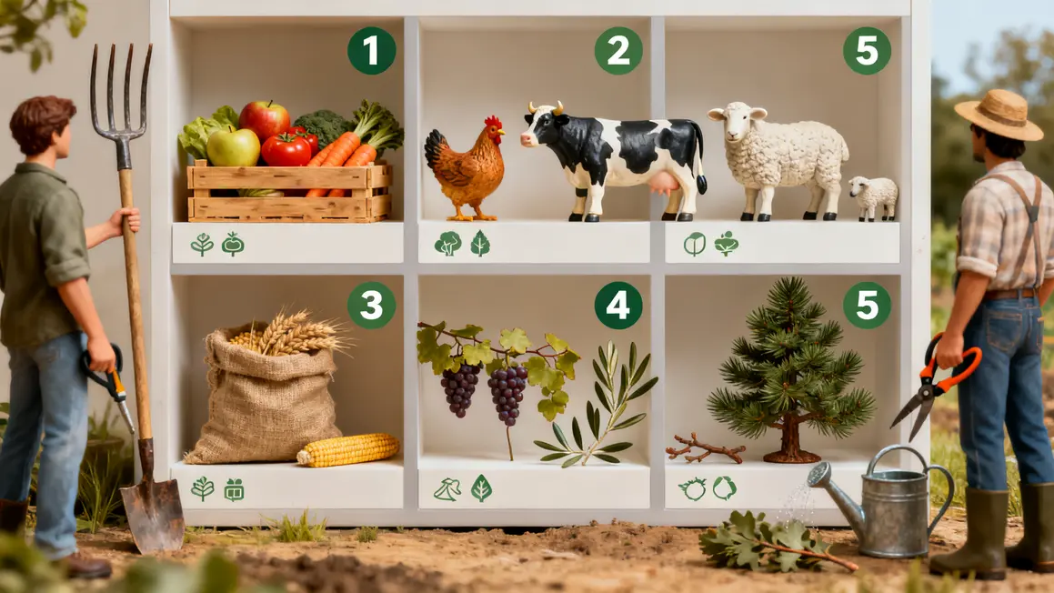 Tableau types d agriculture avec pictogrammes universels et cases