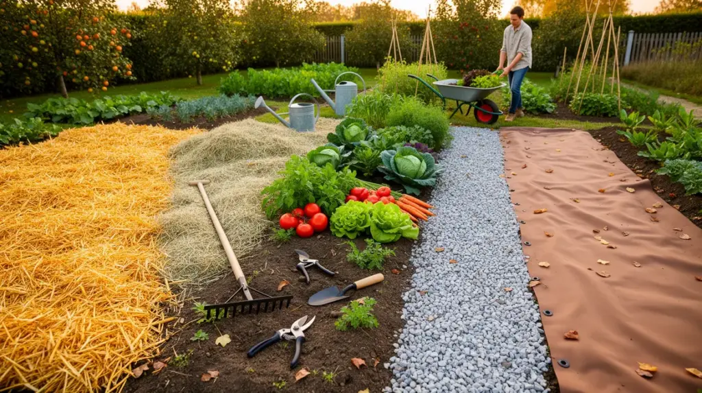 potager avec plusieurs paillages et outils jardinage