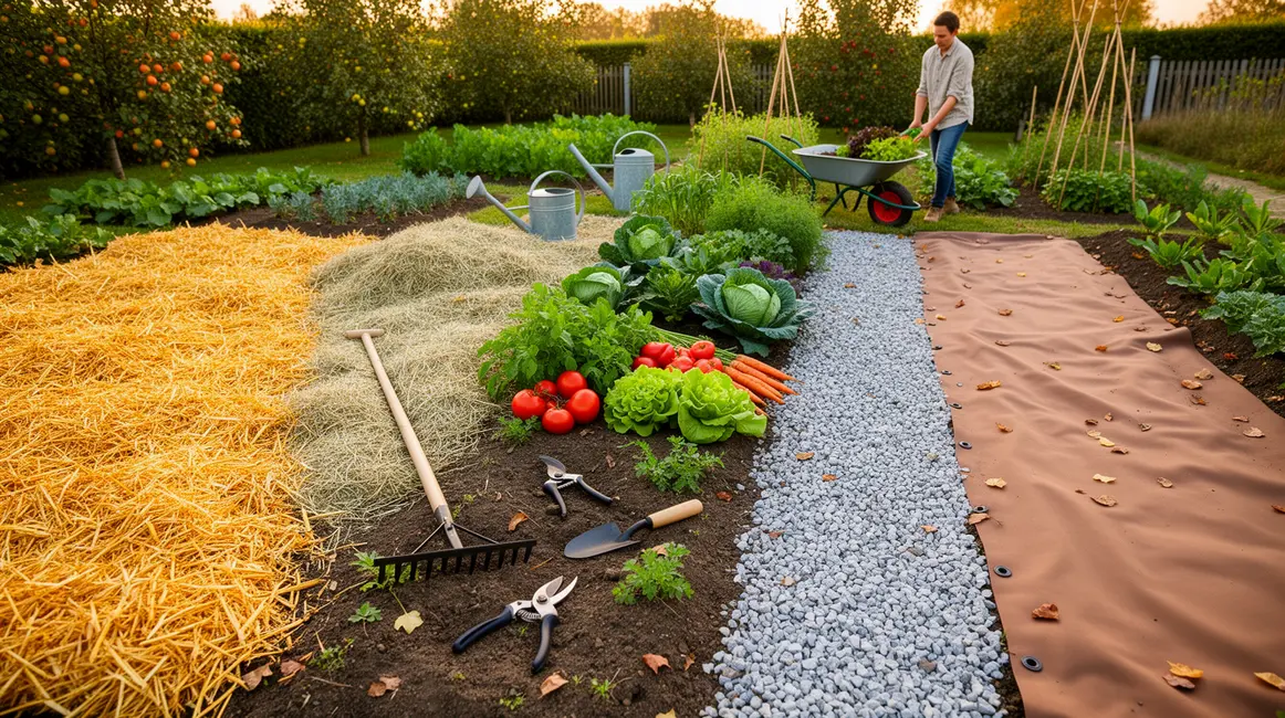 potager avec plusieurs paillages et outils jardinage