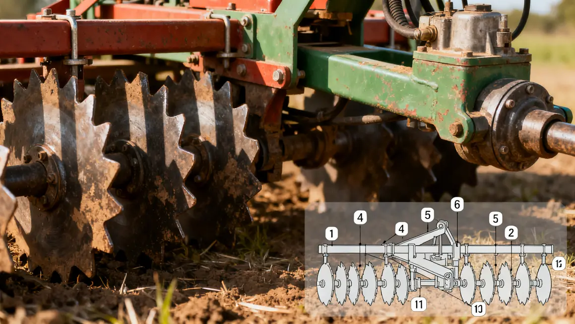 gros plan composants herse rotative prise de force