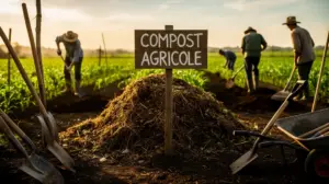 Paysage avec champ fertile et tas de compost agricole