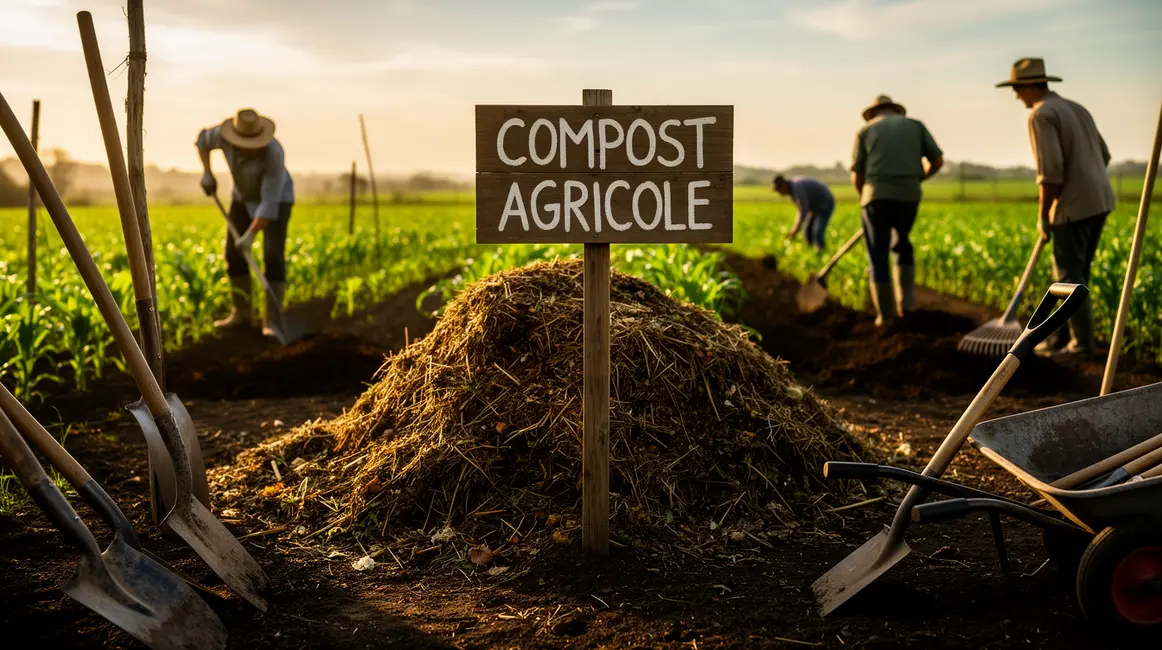 Paysage avec champ fertile et tas de compost agricole