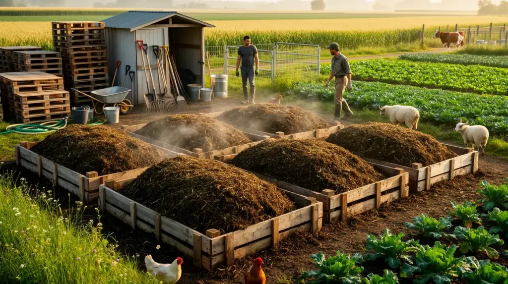 tas de compost agricole exploitation moderne outils palettes cultures animaux