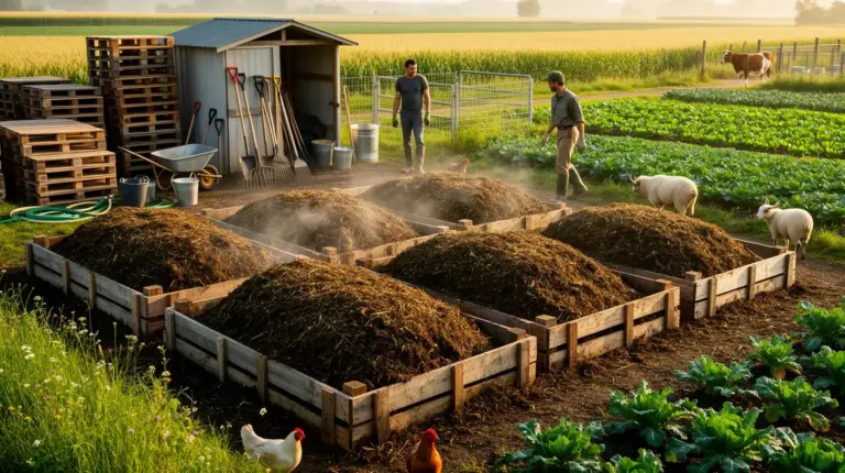 tas de compost agricole exploitation moderne outils palettes cultures animaux