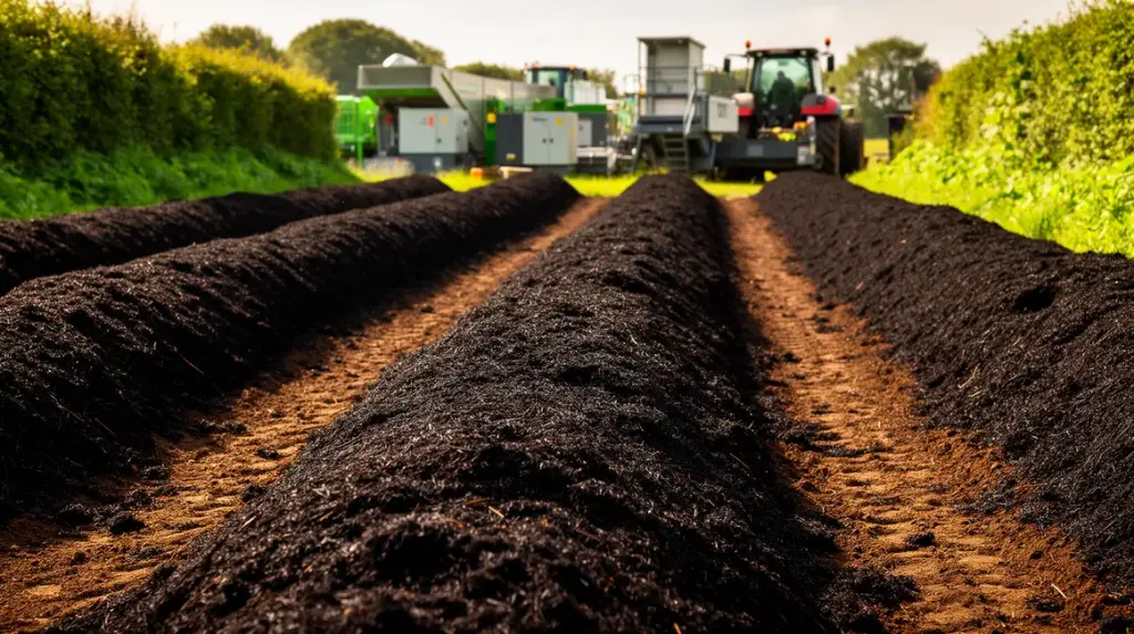 Vue exploitation agricole moderne avec compost et outillage