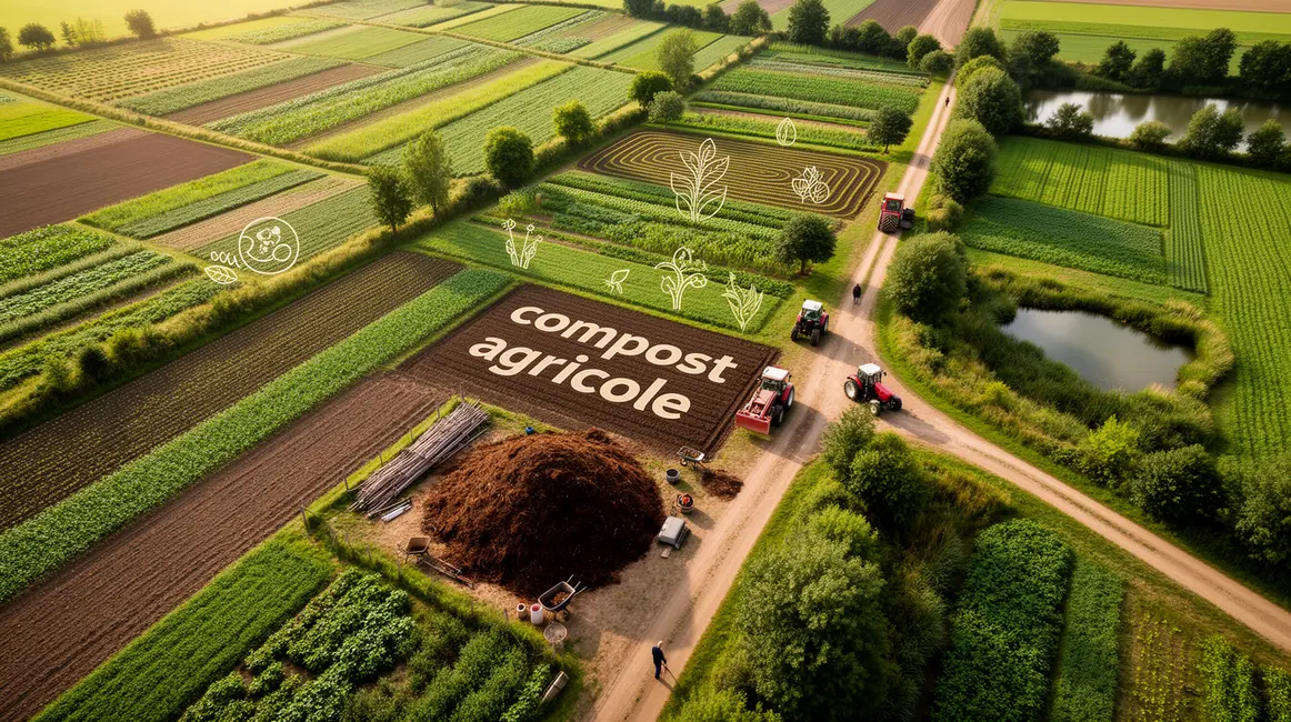 compost agricole exploitation avec tas et tracteurs