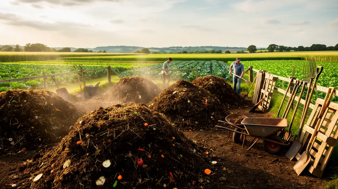 Compost agricole et outils sur une ferme vivante