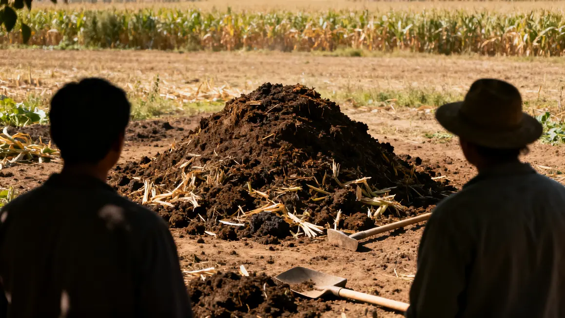 Tas compost fumiers residus outils agricoles