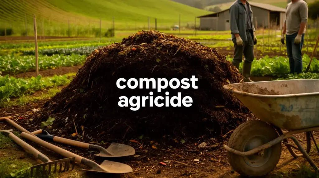 Tas de compost agricole dans champ verdoyant