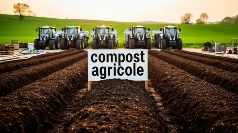 Plateforme avec andains de compost agricole champs et tracteur