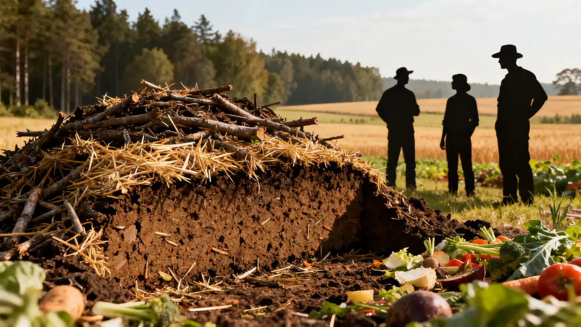 Tas de compost agricole mature et agriculteurs en observation