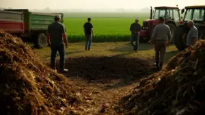 Compostage agricole ferme tas compost, engins, champs verts