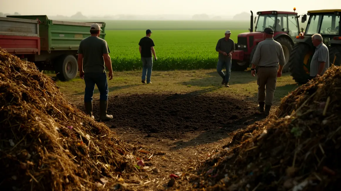 Compostage agricole ferme tas compost, engins, champs verts