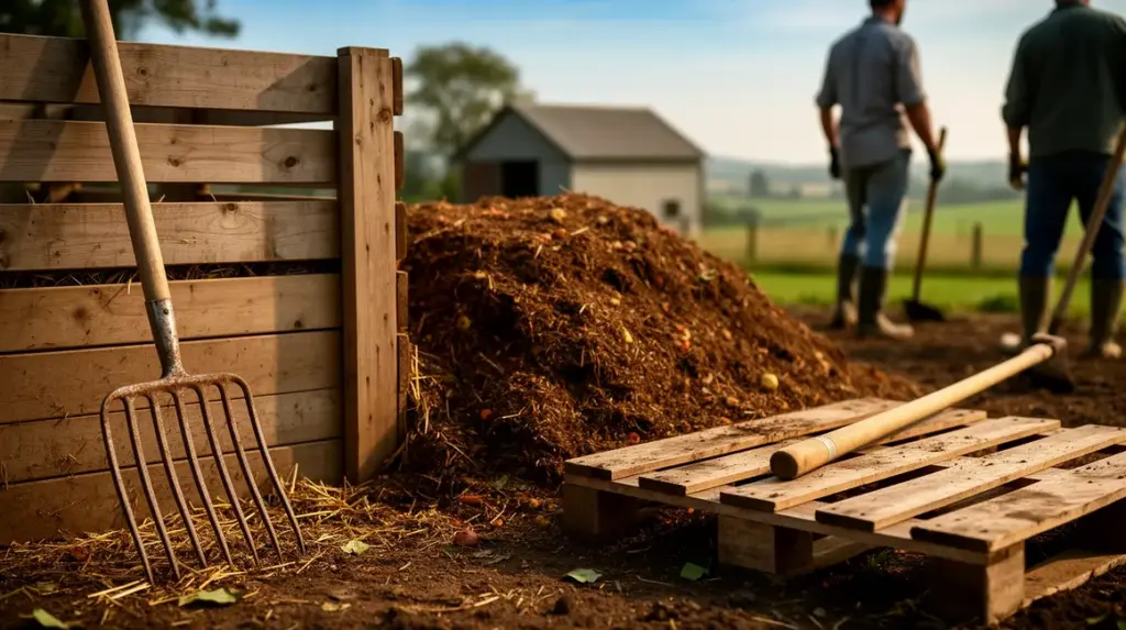 composteur agricole artisanal en bois avec outils et compost