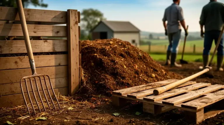 composteur agricole artisanal en bois avec outils et compost