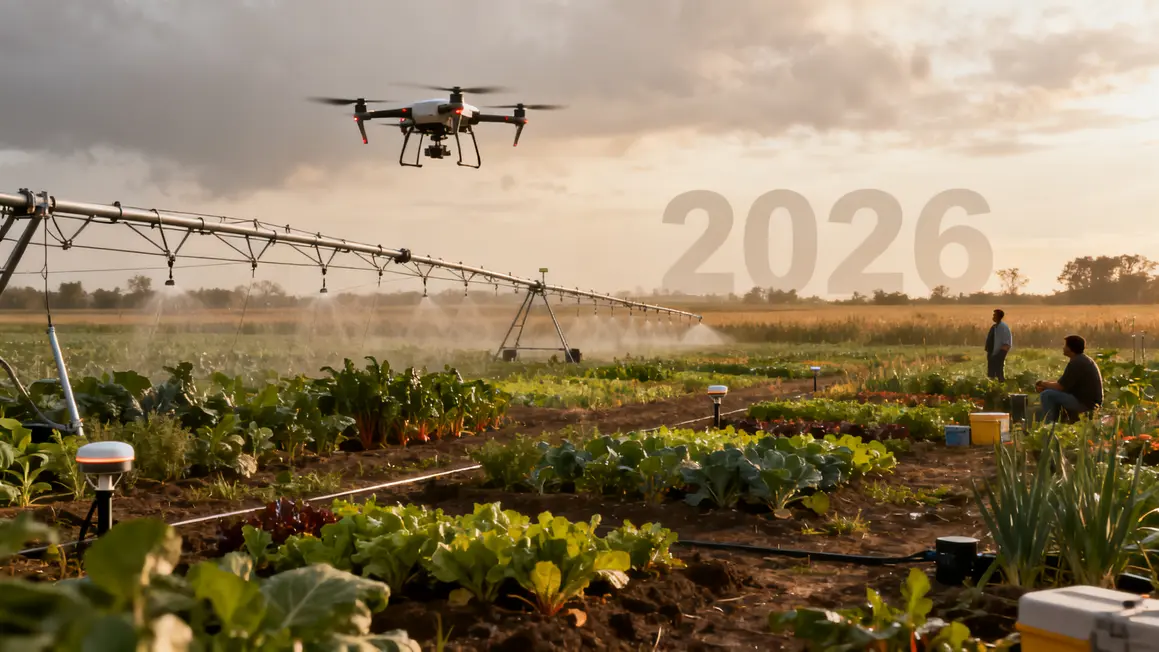 Champ 2026 avec irrigation precision drones capteurs