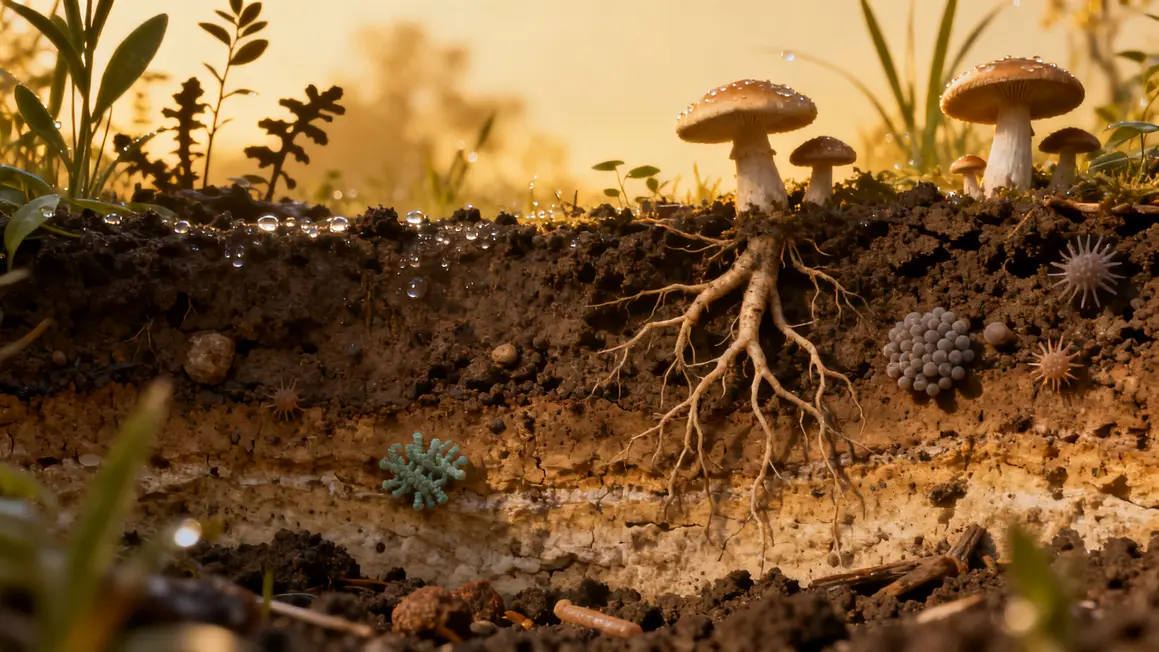 Vue du sol vivant avec vers, racines, champignons, bactéries