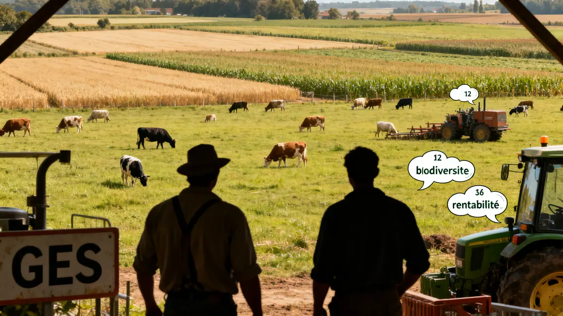 Ferme elevage durable, animaux, paturage, rotation cultures, valeurs GES biodiversite rentabilite