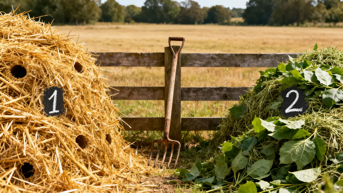 tas paille dorée tiges creuses et tas foin vert feuillu separation