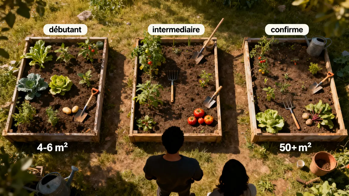 Trois petits potagers vus du dessus, tailles adaptées profils